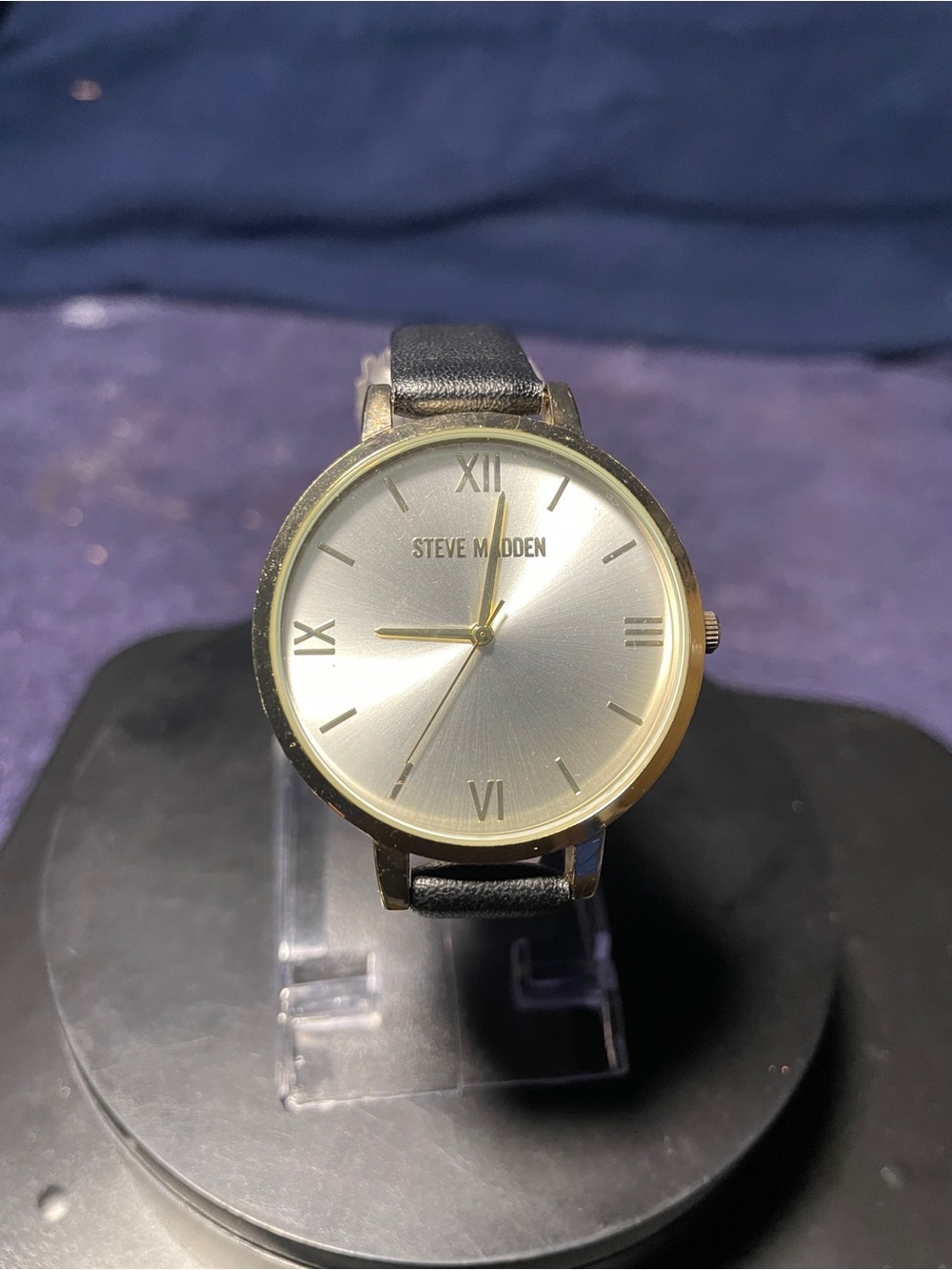 Steve Madden Gold-Tone Case Silver Dial Black Leather Strap Watch